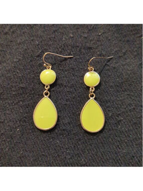 Gold Tone Yellow Green Enamel Teardrop Dangle Statement Earrings